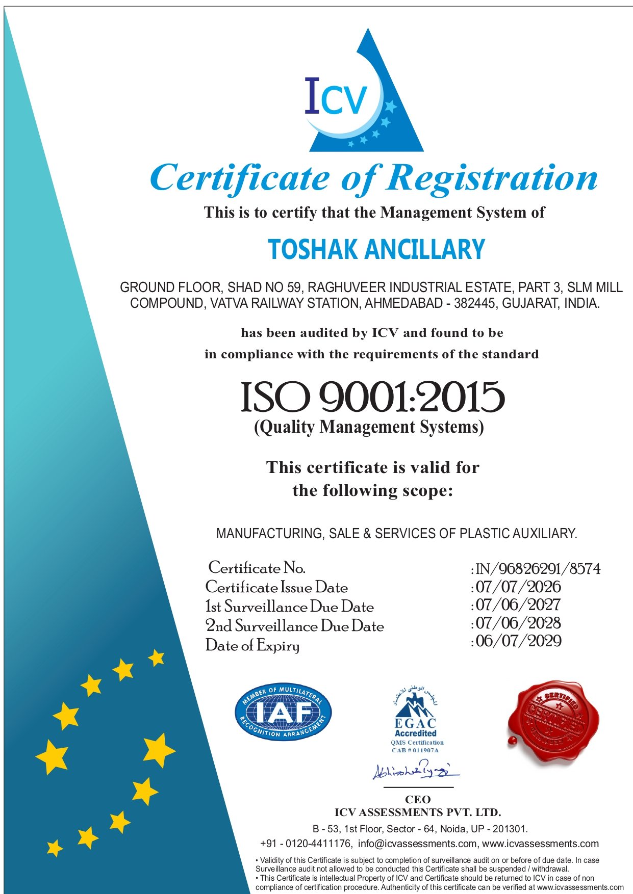 Toshak Ancillary ISO 9001:2015 Quality Management Certification